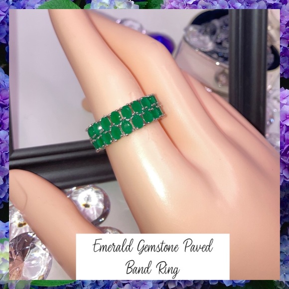 Exceptional Double Row Emerald Gemstone Paved Eternity Band - Picture 2 of 7